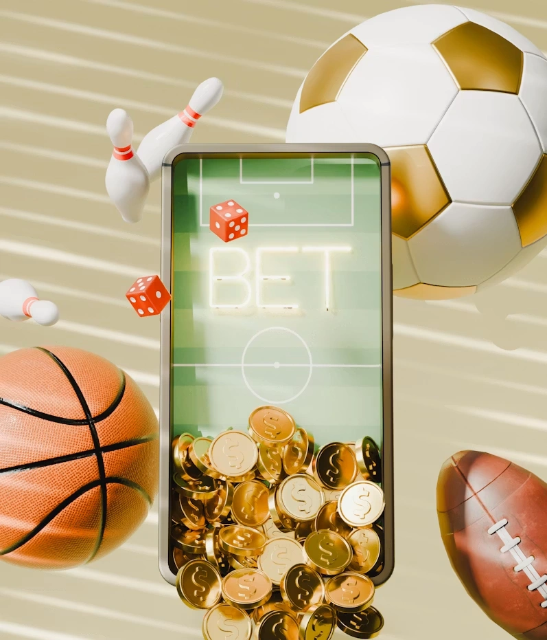 Mobiltelefon med sportsbetting, fotball, basketball og mynter