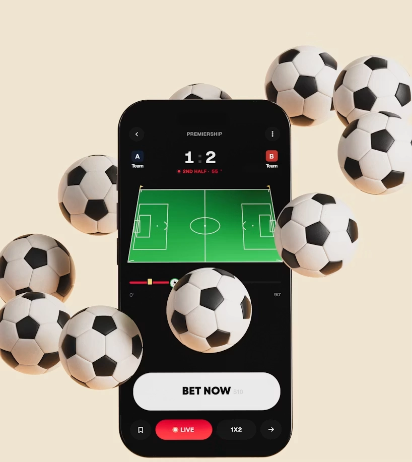 Mobiltelefon med direktesendt fotballkamp omgitt av fotballer