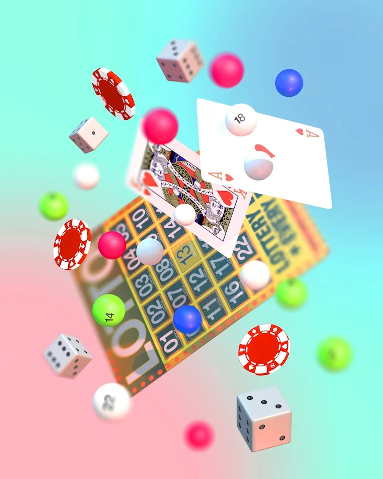Fargerik casinospillillustrasjon med kort, terninger og rulett