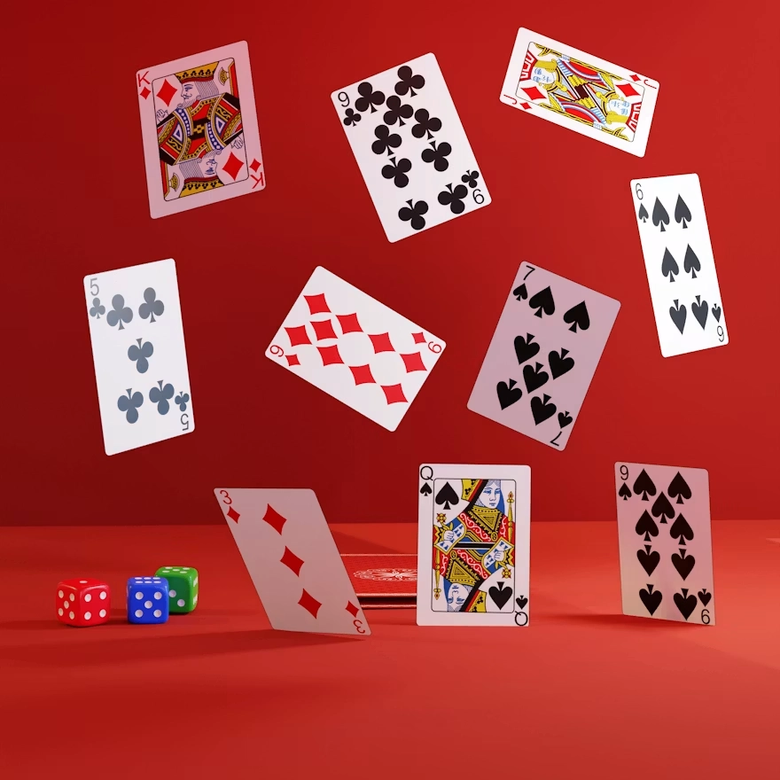 Spillkort som svever over en rød casinobakgrunn