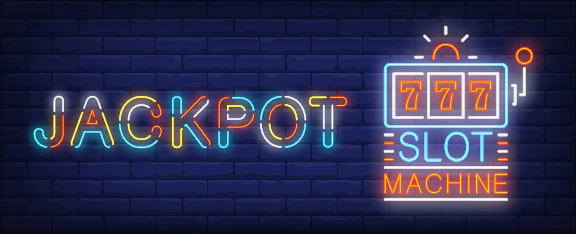 Neonillustrasjon av jackpot og spilleautomat med tre sjuere
