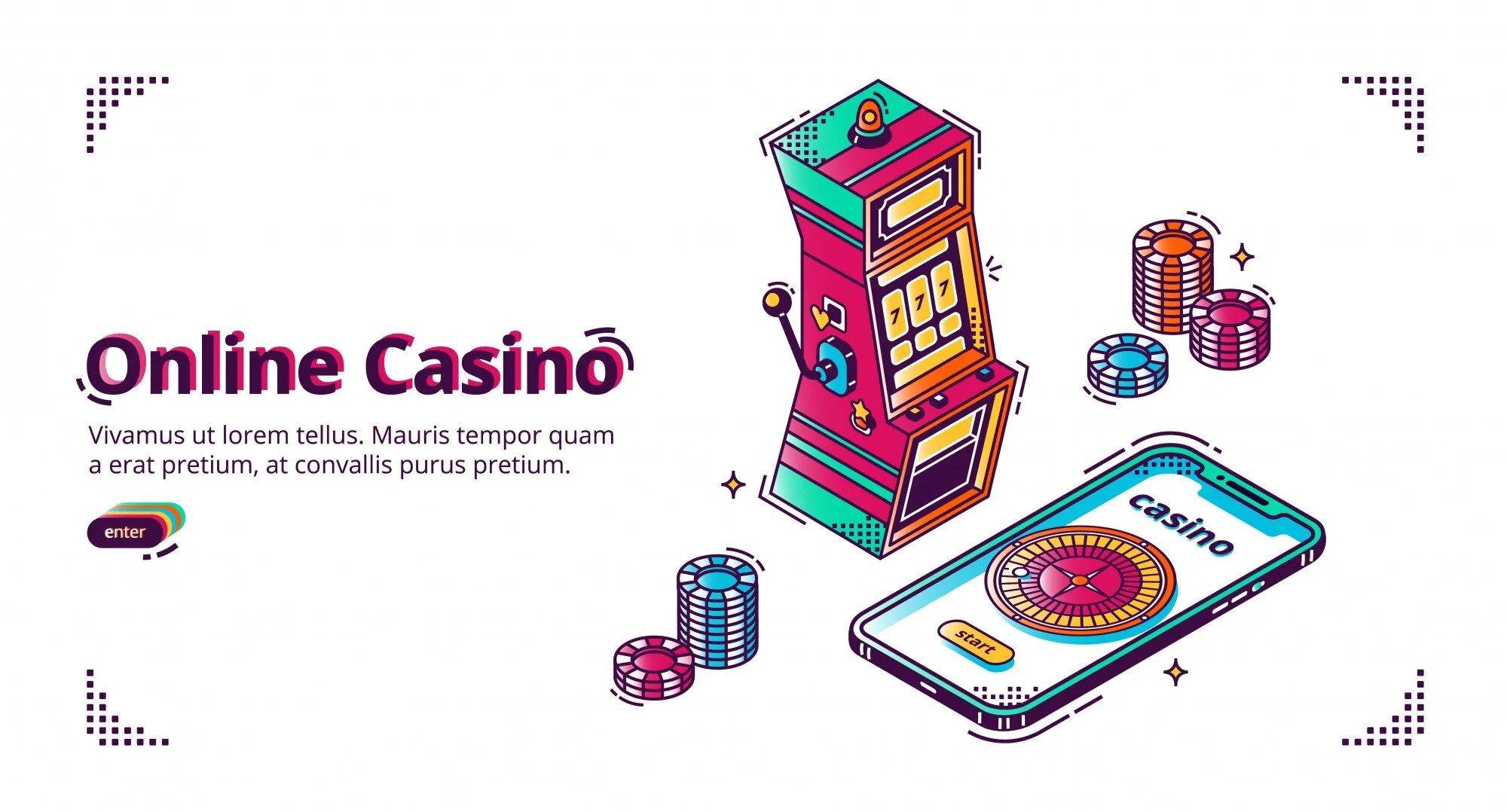 Illustrasjon av nettcasino med spilleautomat og rulett